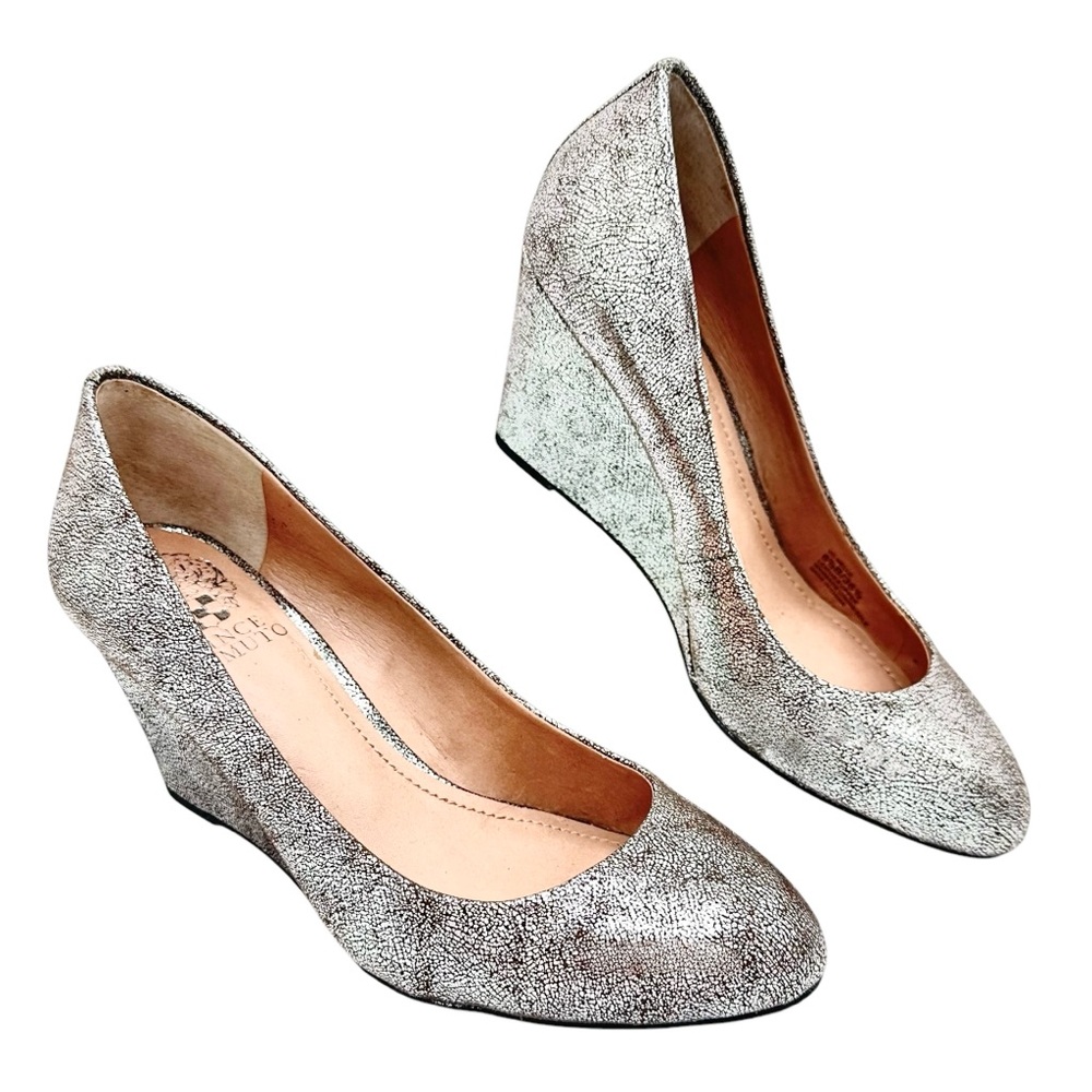 Vince Camuto Metallic Leather Wedge Heels Sz 6.5 VC-Melle Enhanced Silver‎ Pumps